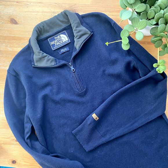 ThE NORTH FACE Sweatshirt Medium Blue Wool & Cotton Mock Neck 1/4 Zip Sweater - Picture 1 of 7
